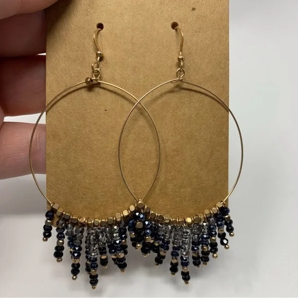 Large Gold Tone Beaded Hoop Boho Dangle Earrings - Picture 3 of 5